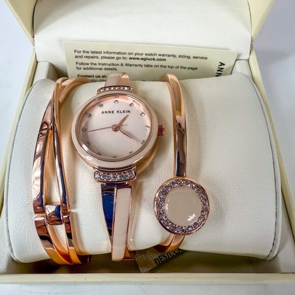 Anne Klein Rose Gold Rhinestones Watch and Matching Bracelets ATK3292LPST NIB - Picture 2 of 3